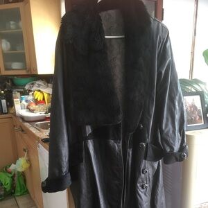 Black Italian Leather  Fur-Trimmed Women's Coat